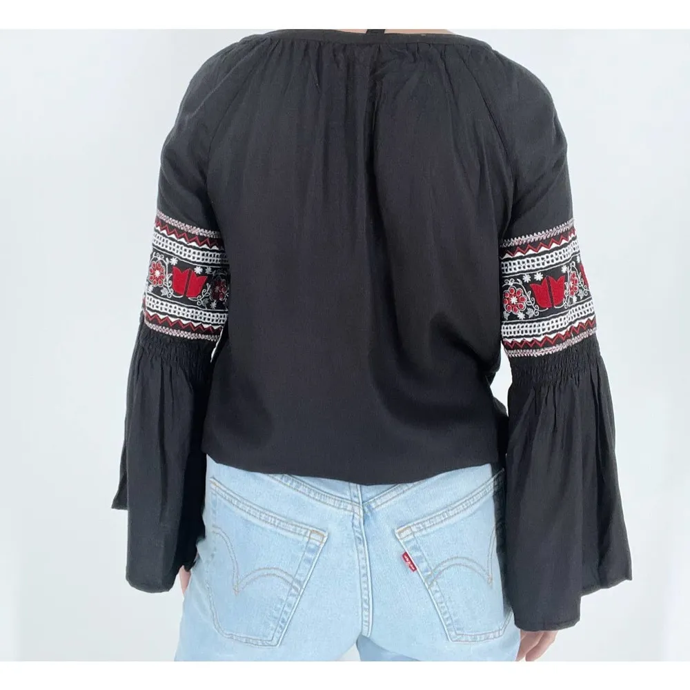 Ban Jara Boho Embroidered Black Blouse with Bell Sleeves - Image 3