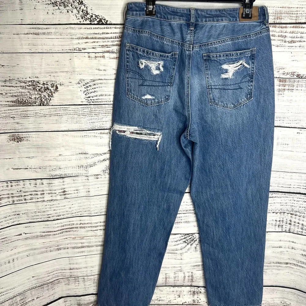 American Eagle Mom Straight Jeans Distressed Plaid Patch 100% Cotton 12 - Image 4