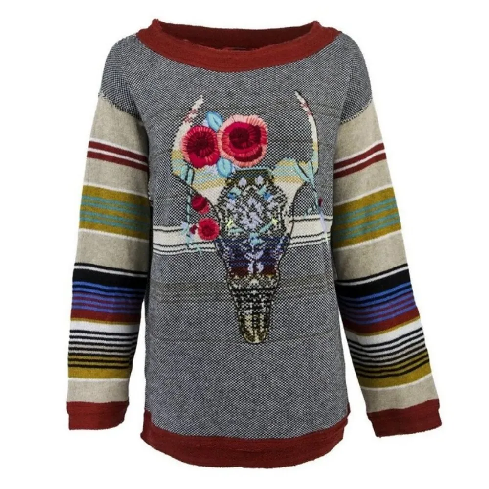 💕FREE PEOPLE💕 Desert Rose Sweater Embroidered Longhorn Colorblock Knit Medium - Image 6