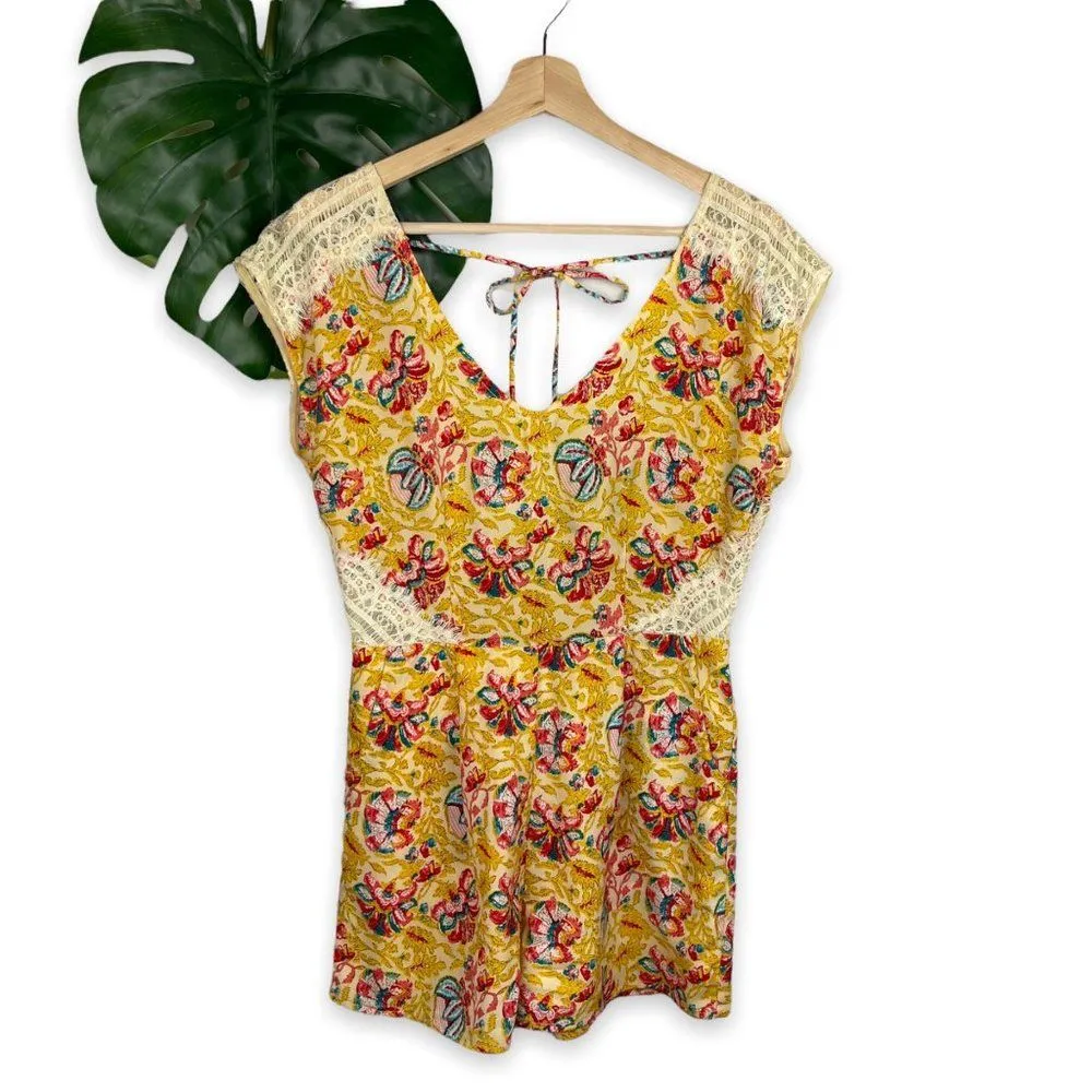 Ark & Co Antique Gold Floral Print Lace V-Back Romper - Image 7