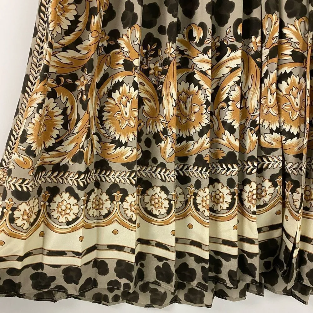 Women's 12 Pleated Vintage Boho Leopard Medieval Print Midi Stretchy Waist Skirt - Image 3