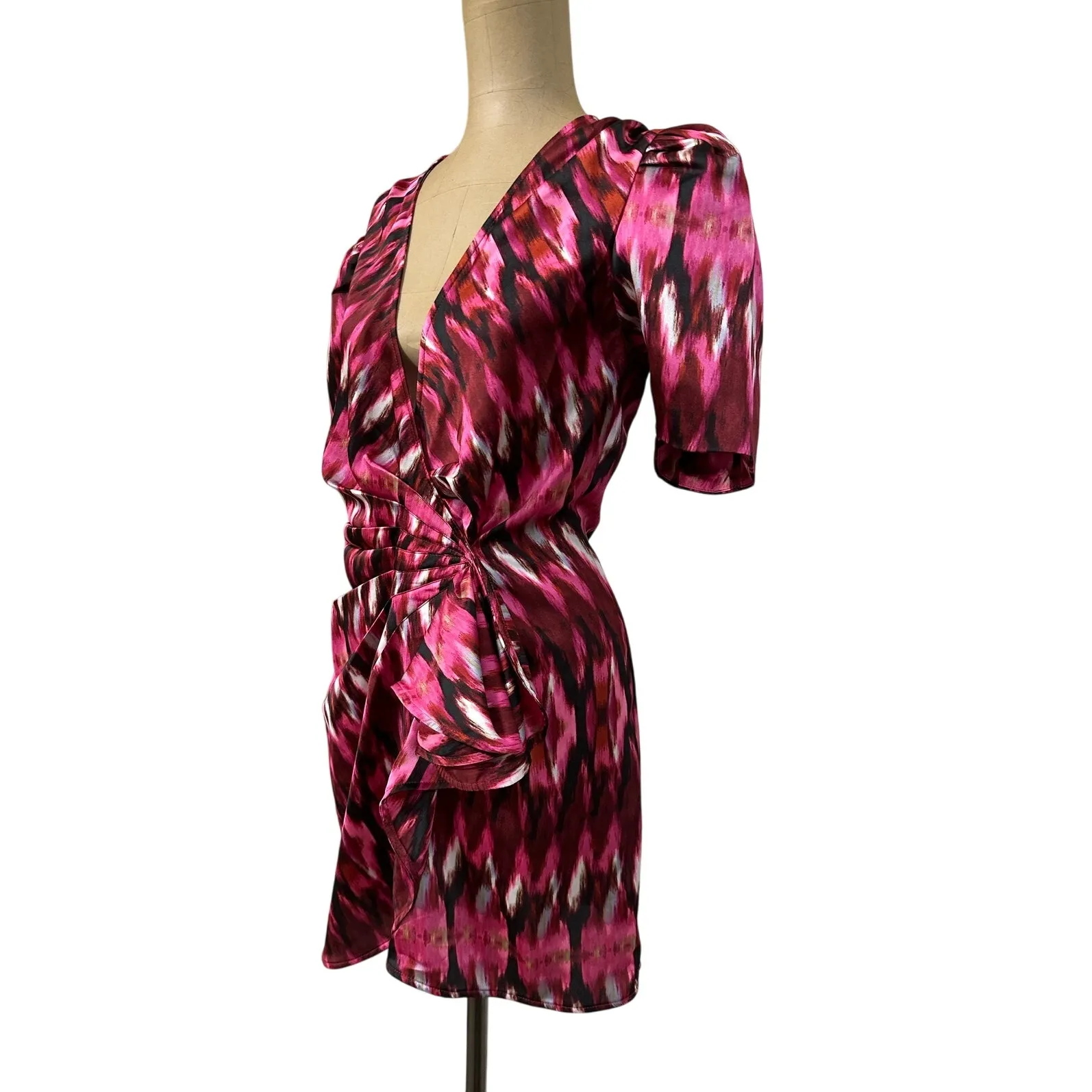 MISA LOS ANGELES Mini Dress Amina Wrap Puff Short Sleeve Fuchsia Satin New - Image 9