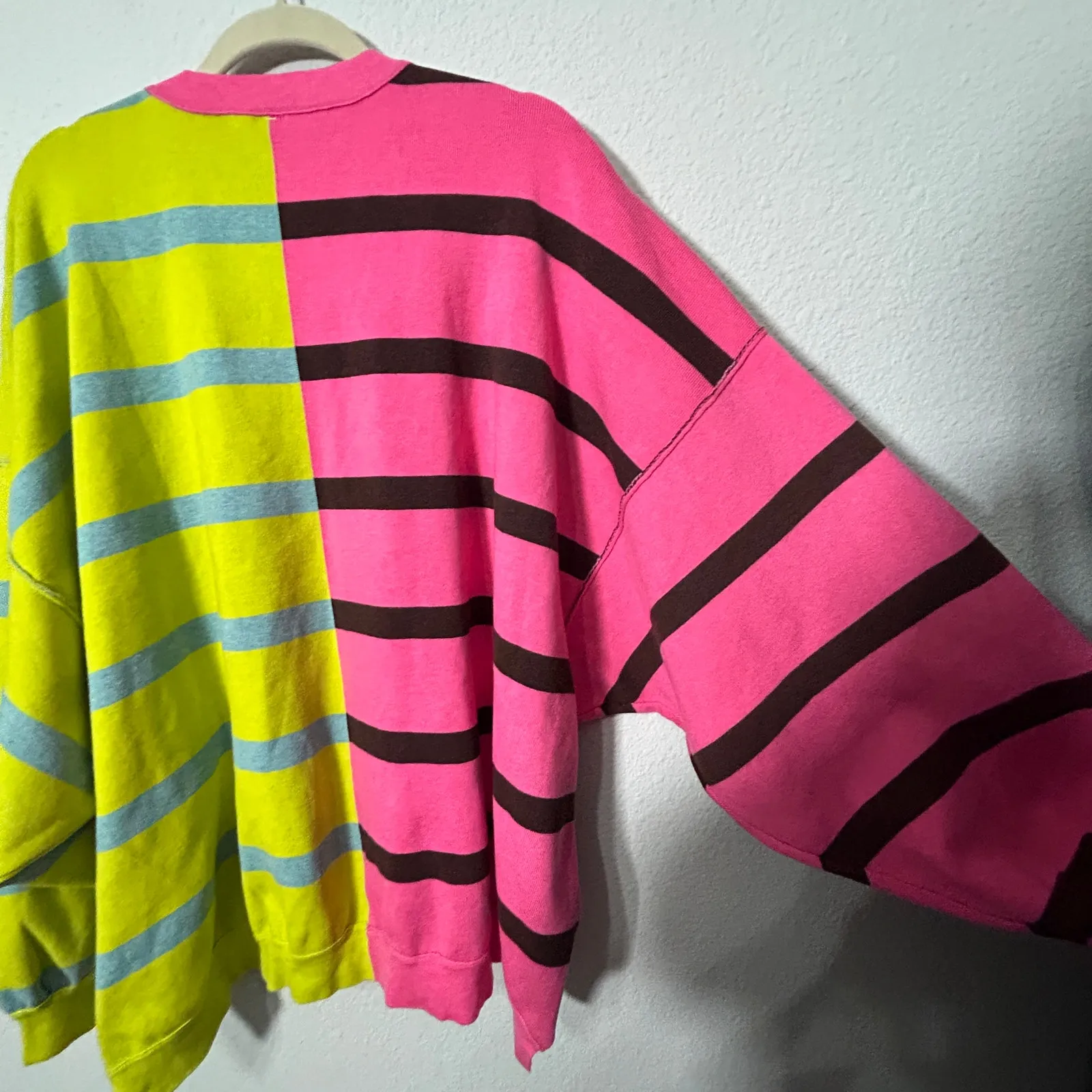 NEW Free People Uptown Stripe Pullover Sweatshirt Pink Green Combo MD Oversized - Image 9