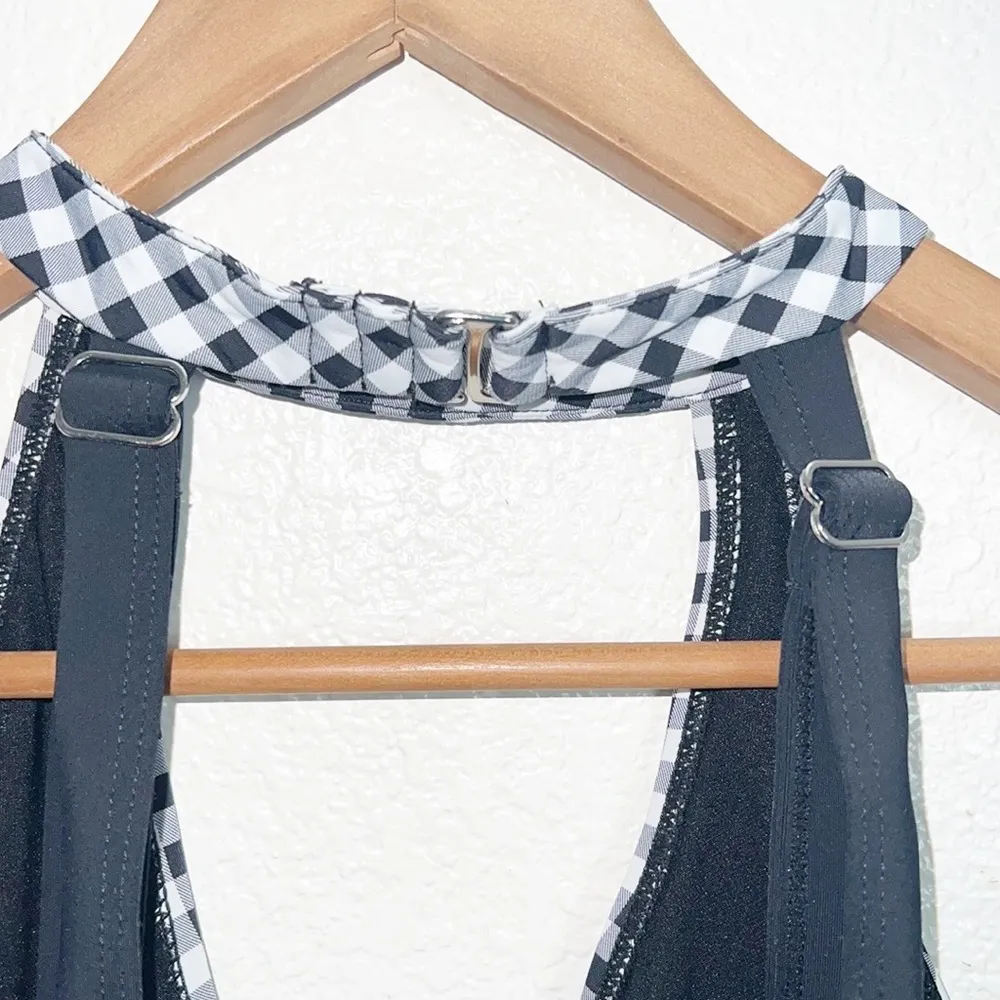 Tinibikini Swimwear Gingham Black White Choker Style V Neck Bikini Top - Image 5