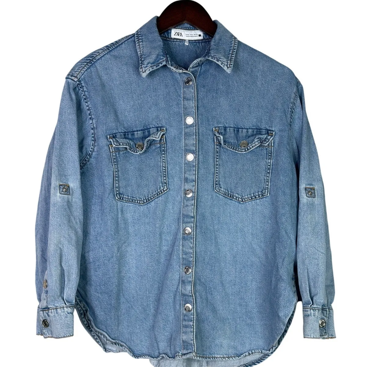 Zara Denim Snap Button Down Collard Western Style Long Sleeve Denim Shirt S Blue - Image 10