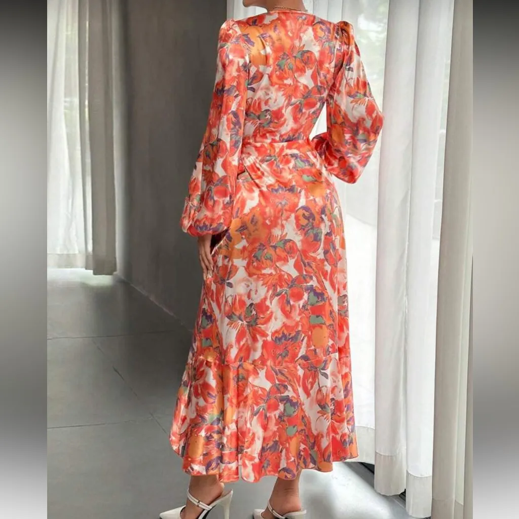 Red and White Long Sleeve Floral Wrap Midi Dress - Image 2