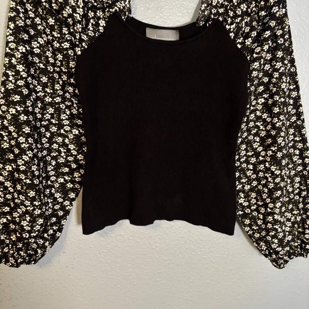 By Anthropologie Woven Ruffle Sleeve‎ Sweater Black White Floral Medium Party - Image 7