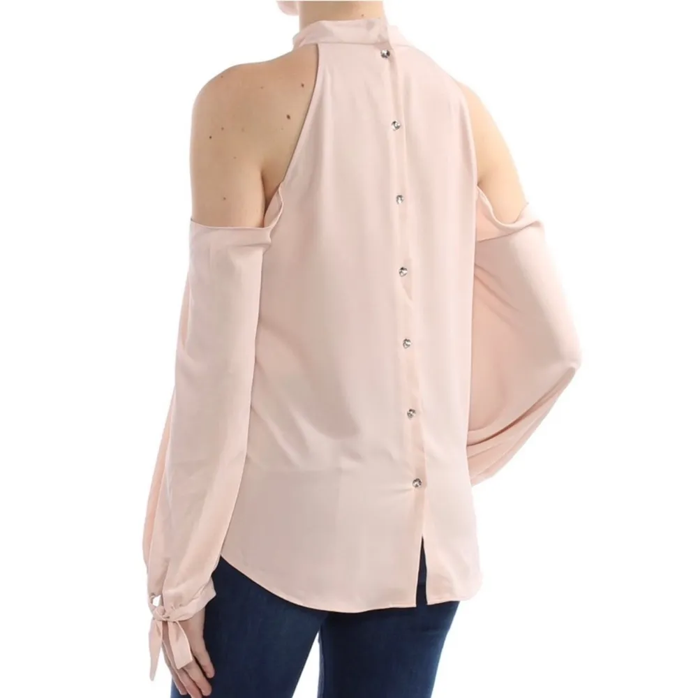 Rachel Roy Womens Mock Neck Cold Shoulder Tie Wrist Blouse - Image 4
