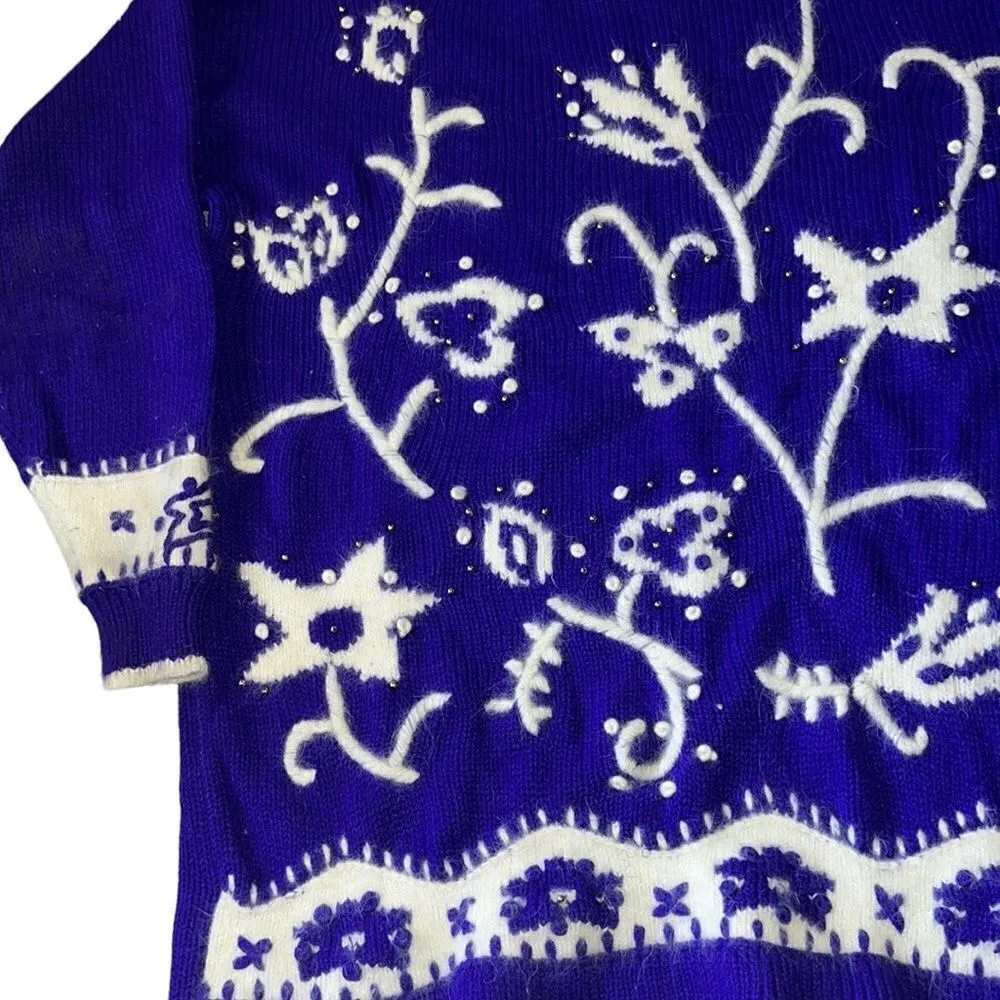 Dana Scott Vintage Angora Blend Purple & White Turtleneck Sweater Size Large - Image 2