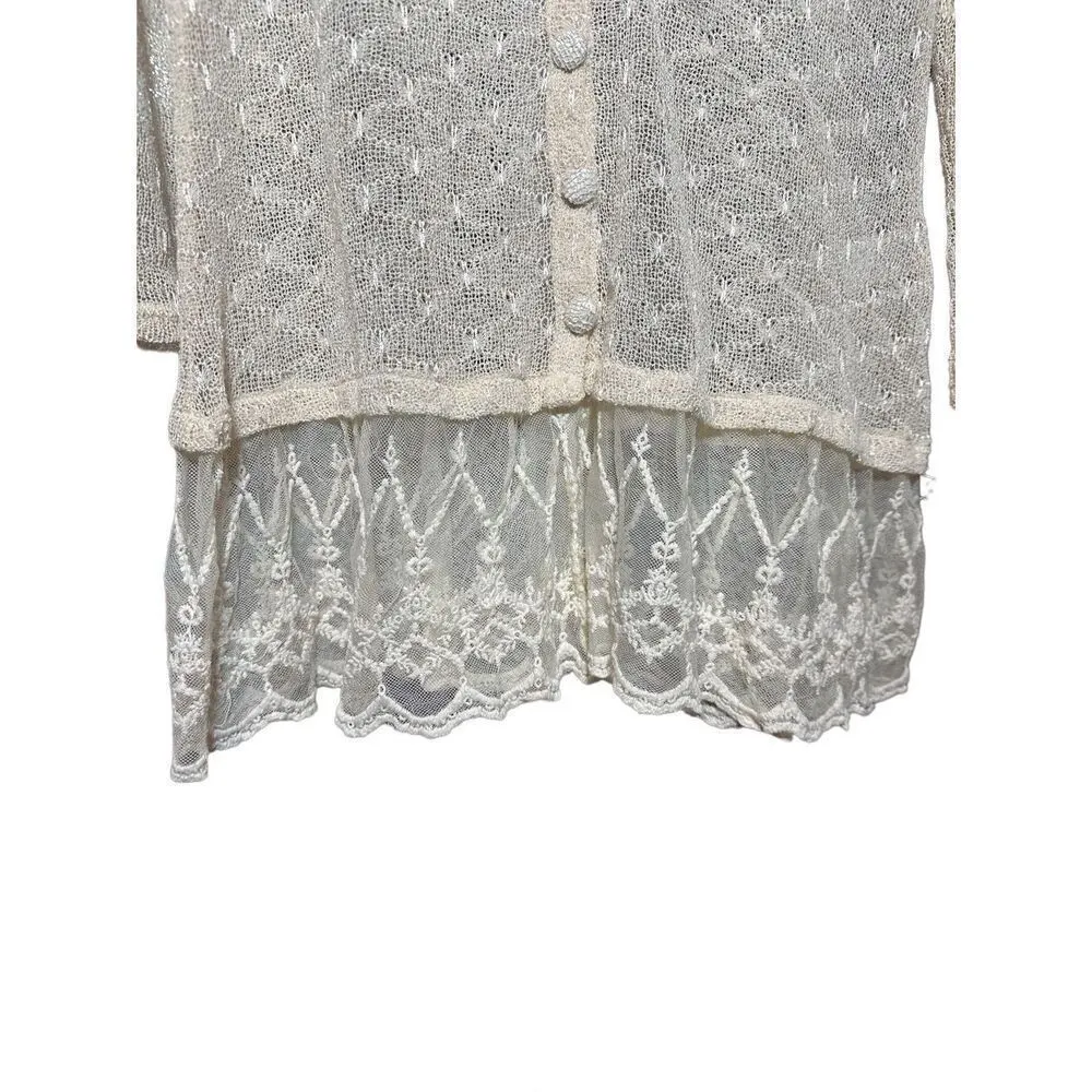 Krazy Kat Ivory Cream Open Knit Long Sleeve Button Front Lace hem Top - Image 8