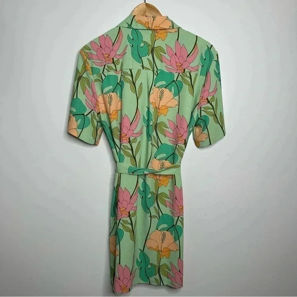 Lulus Totally Tropical Light Green Floral Print Button-Up Shirt Dress Small - Image 8