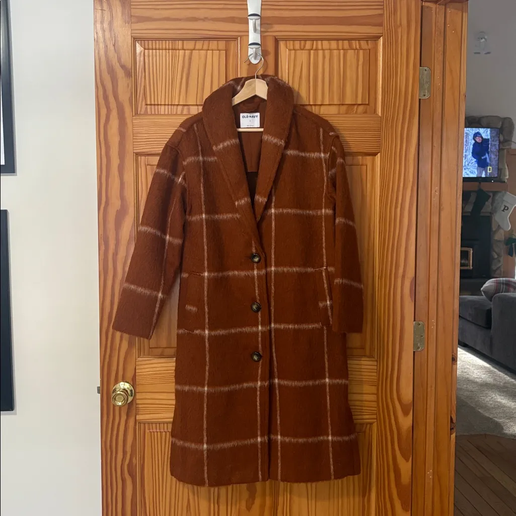 Old Navy  Relaxed Plaid Soft-Brushed Overcoat in Burnt Orange Size Small NWT - Image 3