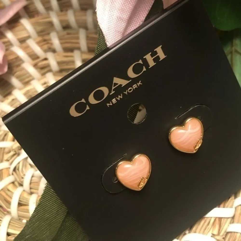 Coach Heart Logo Stud Earrings Pink Gold Tone NWT - Image 2