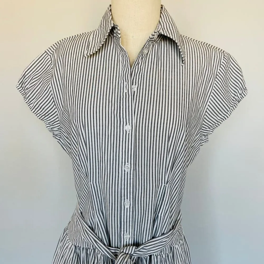 Norma Kamali Cotton Striped Shirt Dress Pleated Skirt - Image 4