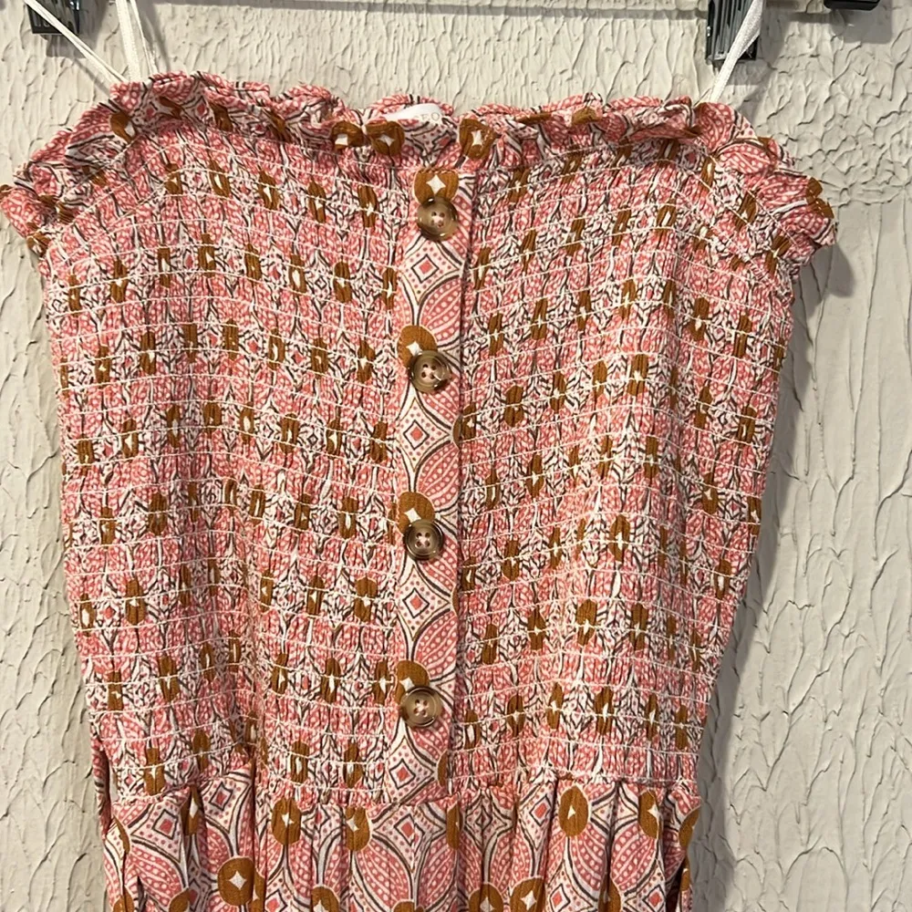 Olivaceous  Pink Patterned Rayon Strapless tube top style Jumpsuit size medium - Image 4