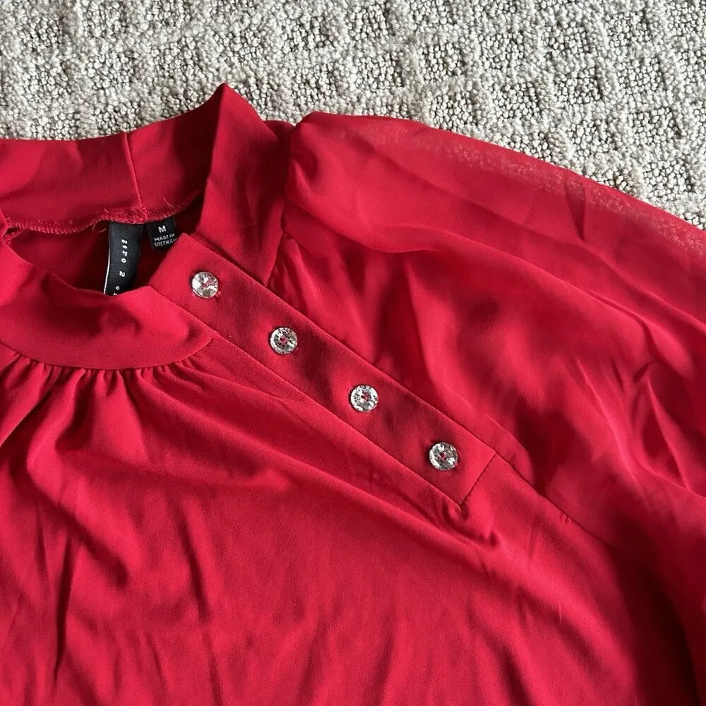 Zero 2 Eight Womens Medium M Red Long Sleeve Blouse High Neck 3/4 Sleeve - Image 2