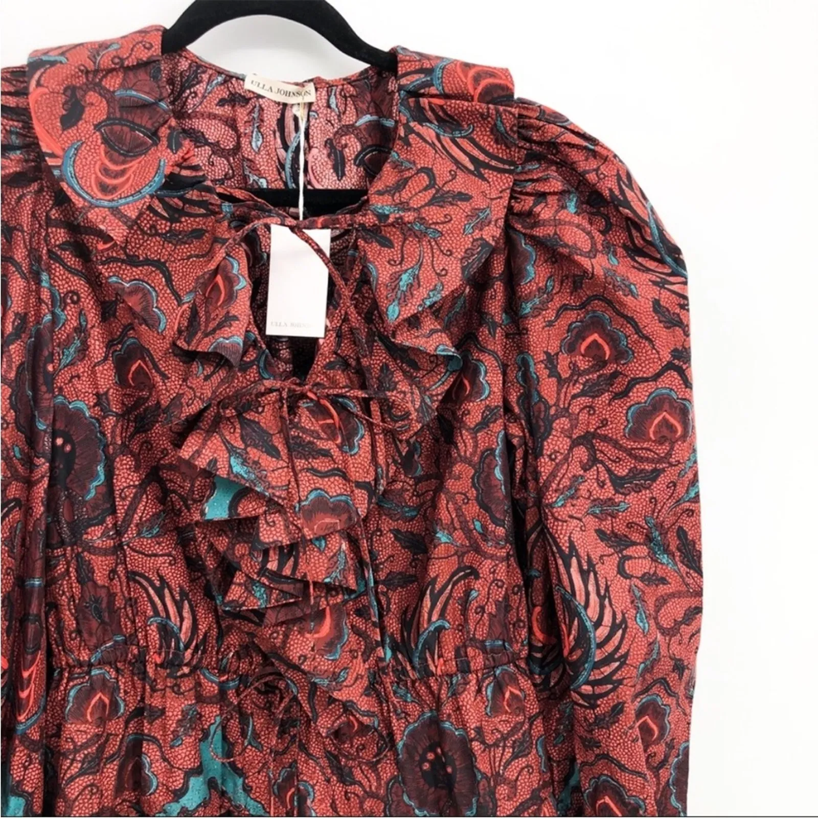 Ulla Johnson Women's Red Caris Carmine Batik Floral Puff Sleeve Mini Dress NEW 6 - Image 4