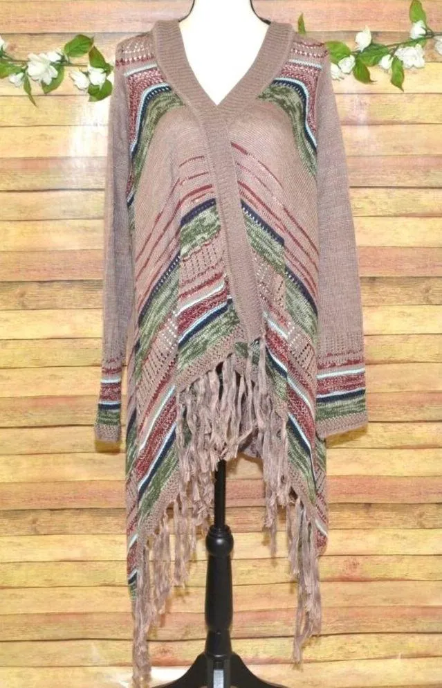 NWT Umgee Open Front Boho Fringe Cardigan Sweater Size M Fringe Long Sleeve Neut - Image 4