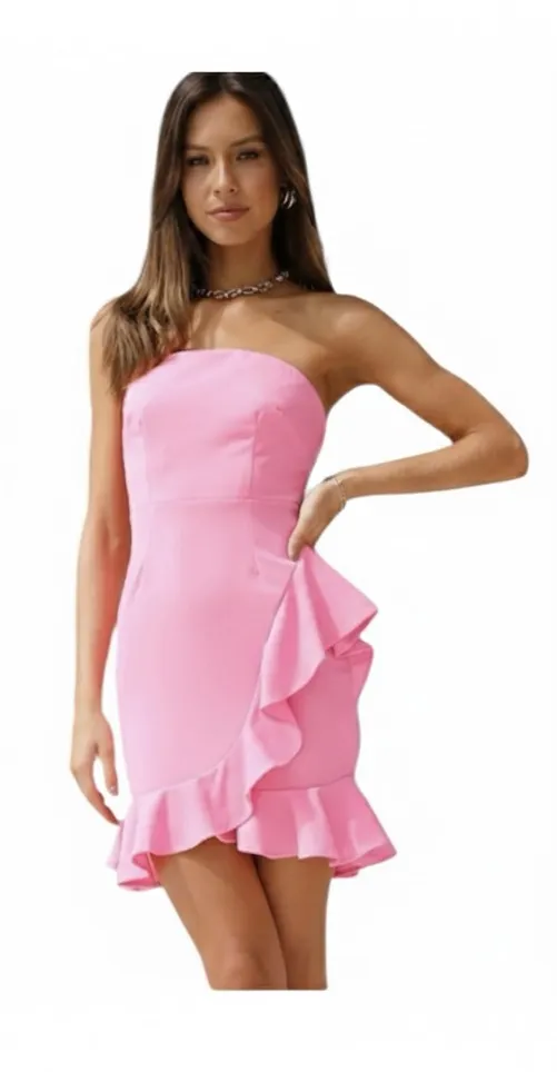 Hello Molly Bright Pink Strapless Mini Dress Ruffle M 6 Party Date Night - Image 1