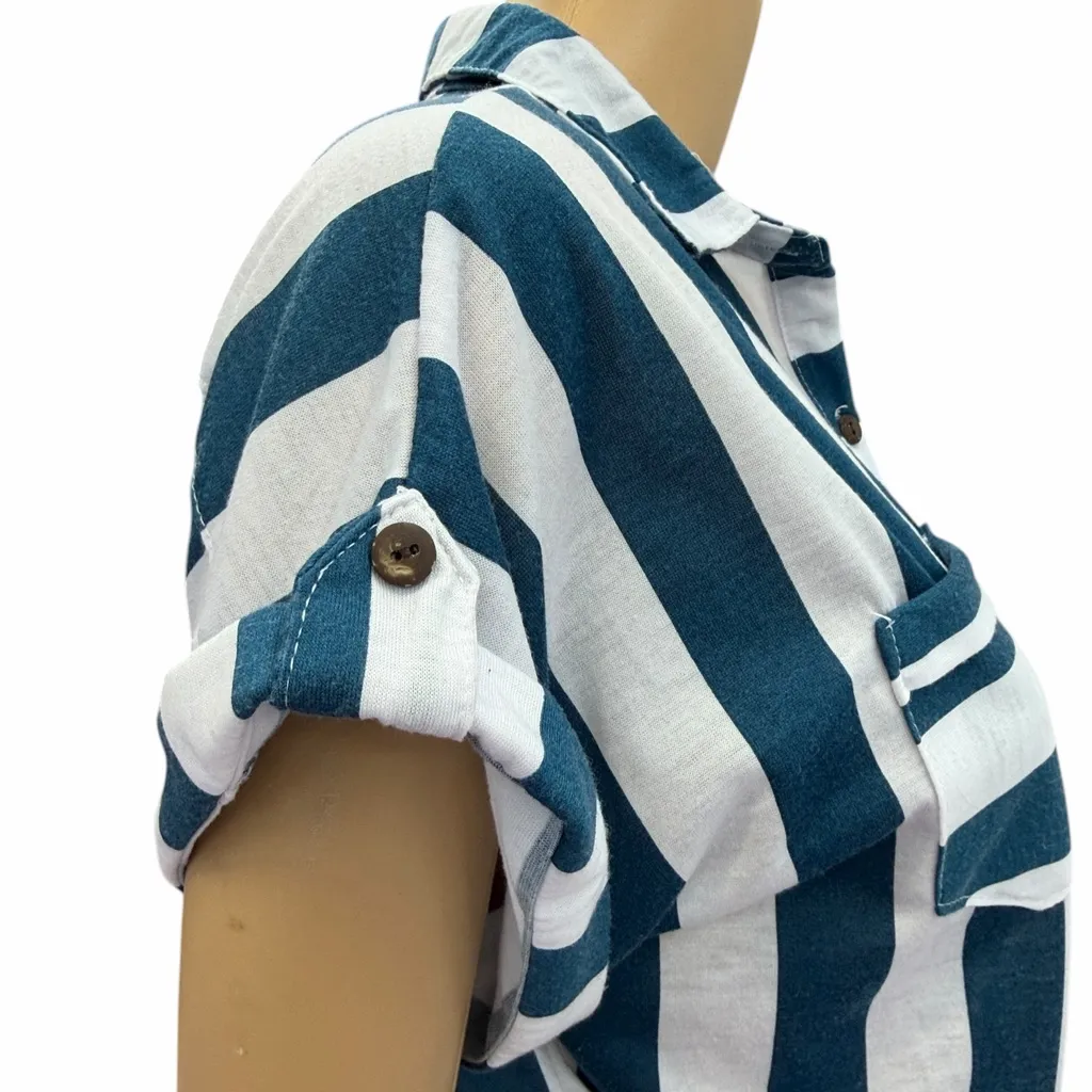 Eden & Olivia Short Sleeve Blue White Striped Button Up Tie front Pocket Shirt M - Image 5