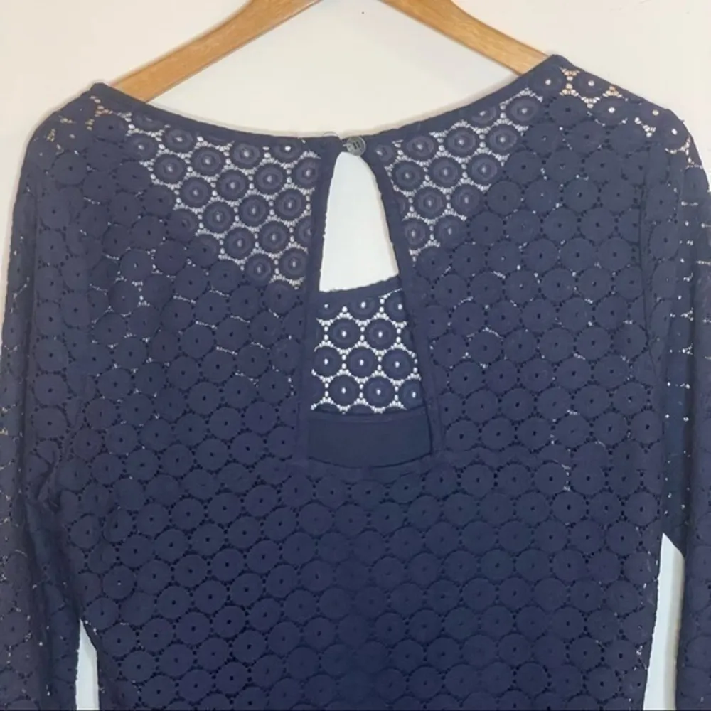 Quiksilver Sheer Lace Shift Dress With Slip Navy Keyhole Cutout Back Large - Image 7