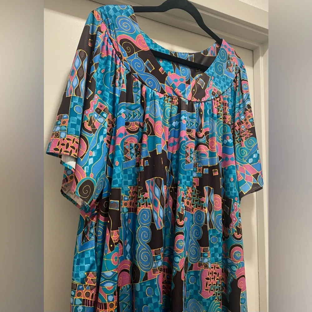VTG 80s 90s Anthony Richards Blue & Pink Retro Maxi House Dress Kaftan Muumuu Size L - Image 7