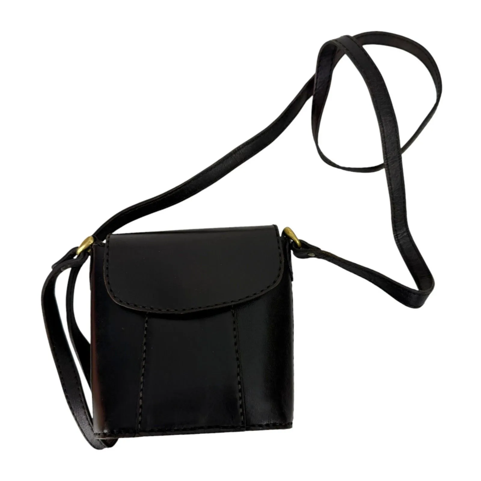 Vintage Leather Structured Brass Details Black Crossbody Bag Handbag Purse - Image 3
