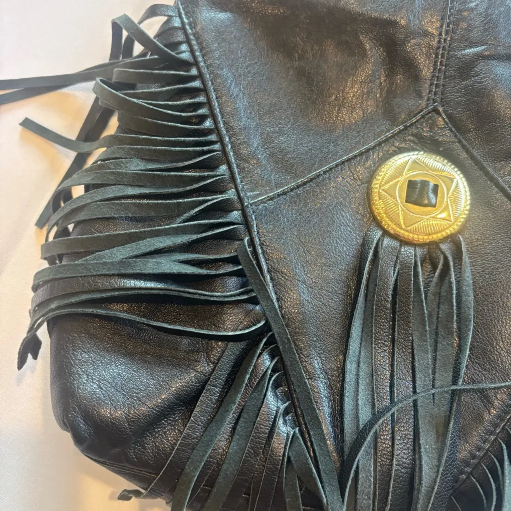 VINTAGE CALIFORNIAN Black Leather (Lamb) Fringe Shoulder Purse w/ Aztec Button - Image 5