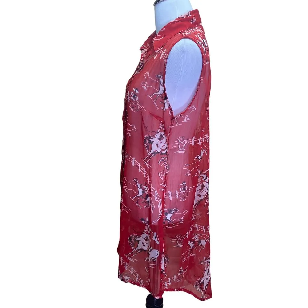 Pink Cattlelac Western Rodeo Bucking Horse Sleeveless Sheer Blouse NEW Medium Red - Image 3