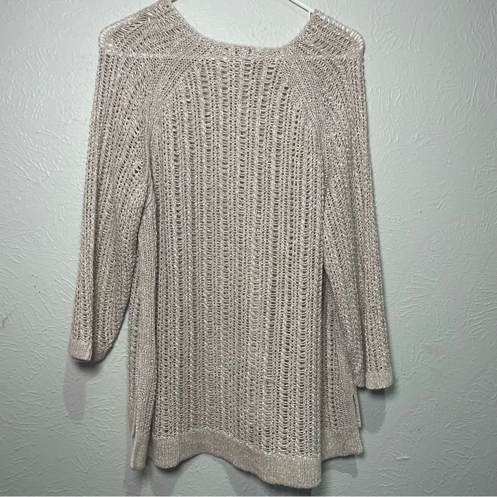 J.Jill Metallic Open Knit Sweater Beige‎ Layered Hem Size Large Tan - Image 3