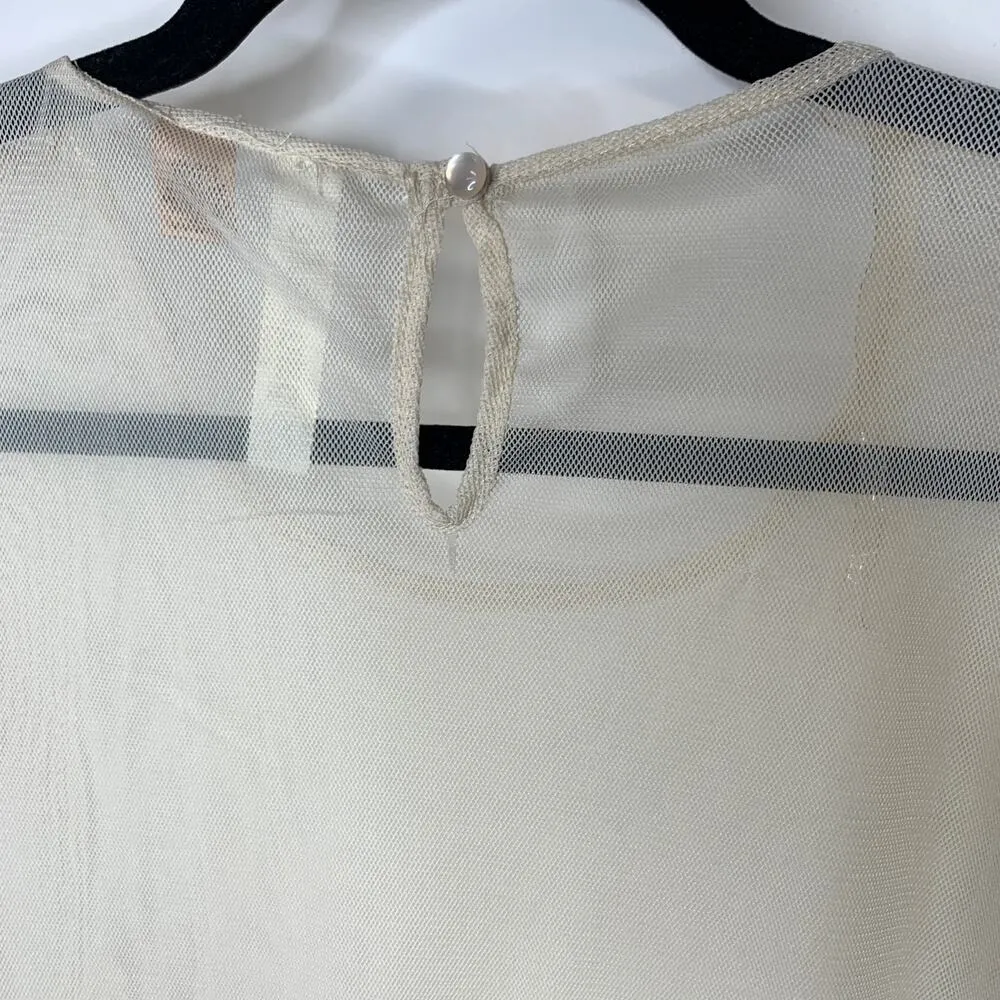 Mesh Sheer Beige Lace Tiered Ruffle Dress Sz Medium Cottagecore Fairy - Image 9