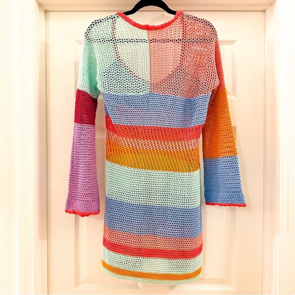 Colorblock Knit Sheer Bell Sleeve Swim Coverup sz Med Multiple - Image 4