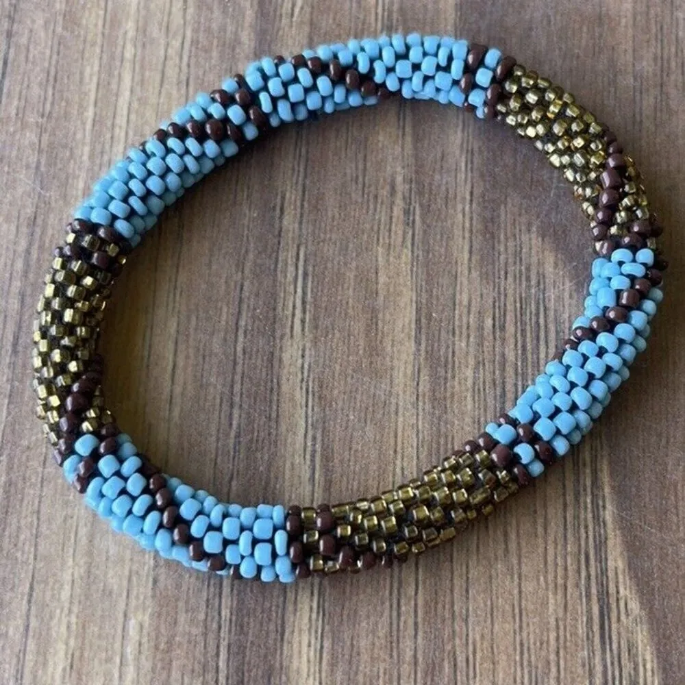 Sashka Co Bracelet Lot 3 Roll Blue/ Brown/Red Seed Bead Nepal Artist Crocheted Blue - Image 3