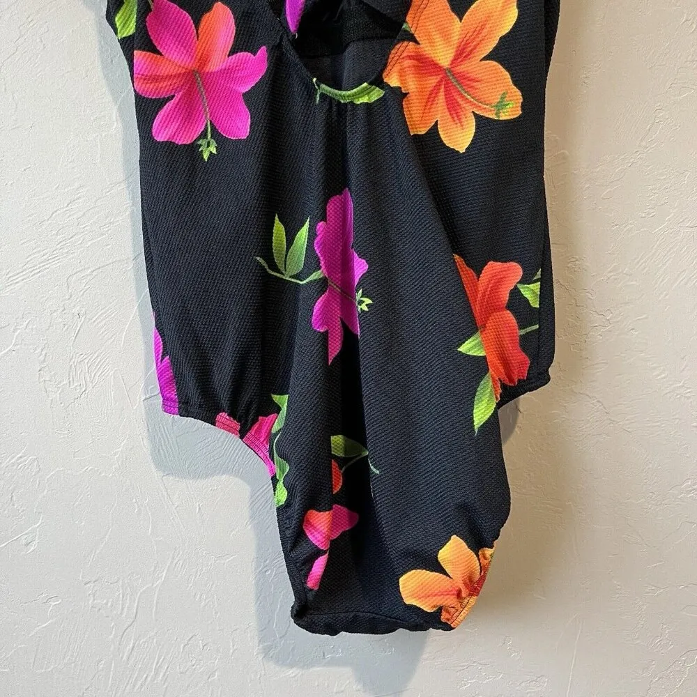 LONGITUDE Vintage floral purple green black bold colored one piece swimsuit sz 8 - Image 10