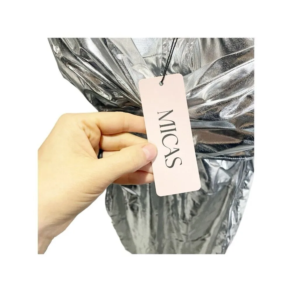 Micas Silver Metallic Sweatheart Neck Midi Dress S Sleeveless Formal NEW - Image 5