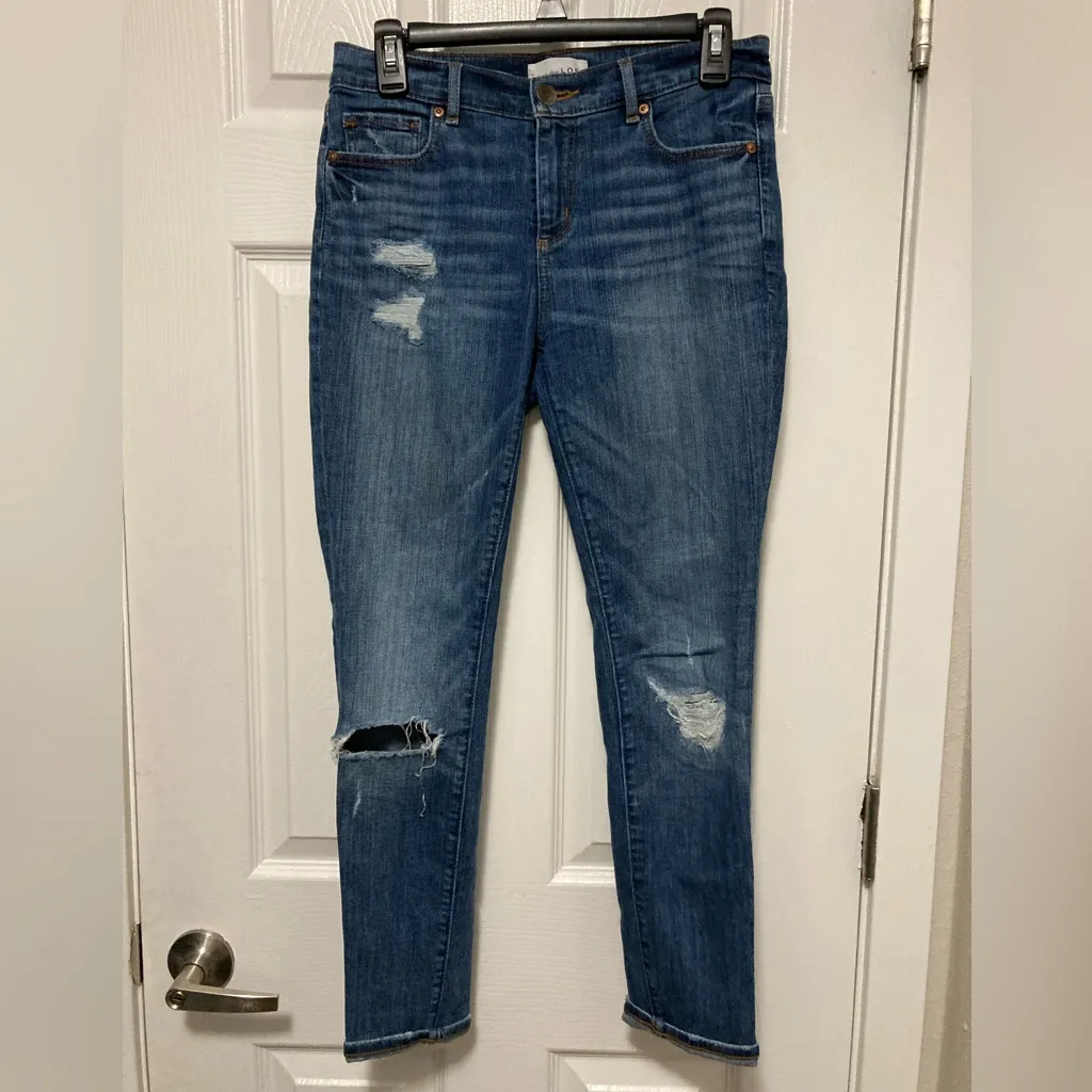 Loft Modern Skinny Medium Wash Distressed Cuffed Denim Jeans - Image 4