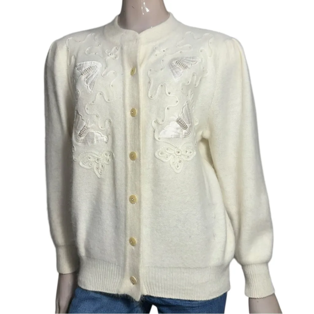 Vintage L XL Cream Ivory Bead Butterfly Embroidered Angora Knit Cardigan Sweater Size L - Image 3