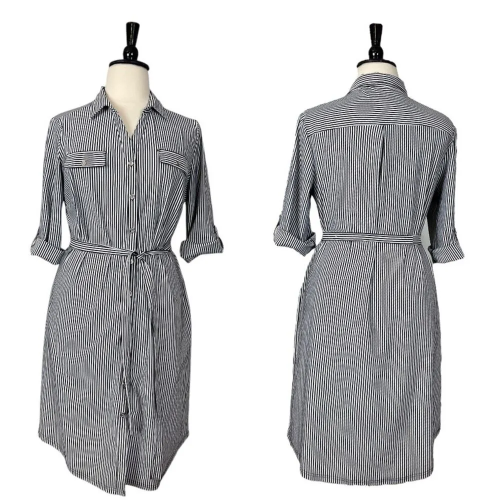 Mlle Gabrielle Shirtdress Belted Tabbed Sleeve Black Stripe Women’s Size Plus 2X - Image 13