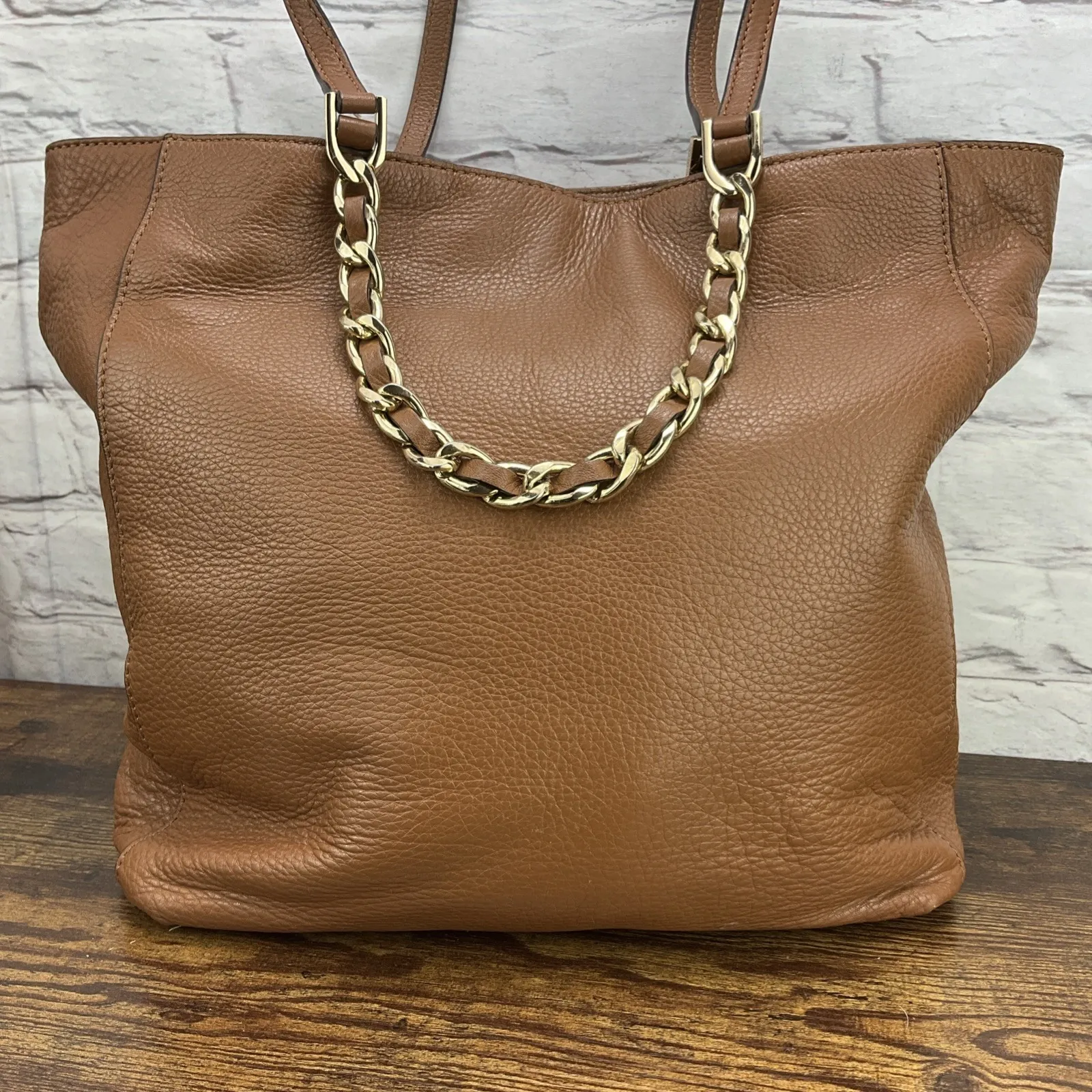 Michael Kors Harper North South Tote in Luggage Brown Gold Chain - Image 3