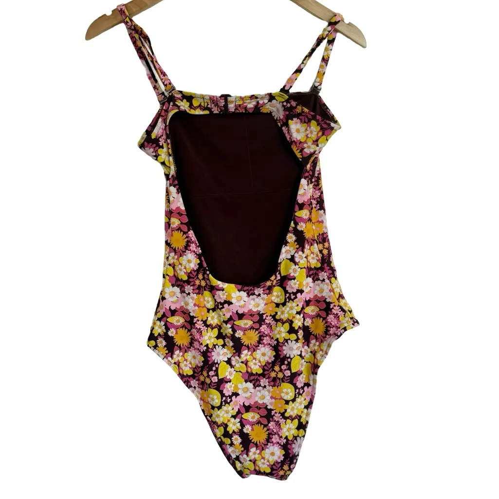Aerie Floral One-Piece Swimsuit Floral Colorful Pink Orange Yellow Black M - Image 5