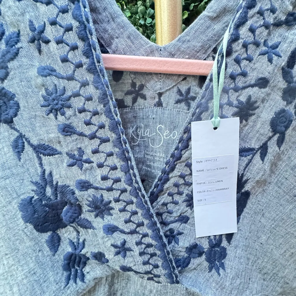 NWT Kyla Seo Caite Laramie Embroidered Linen Shift Dress Top size Small handmade Blue - Image 5