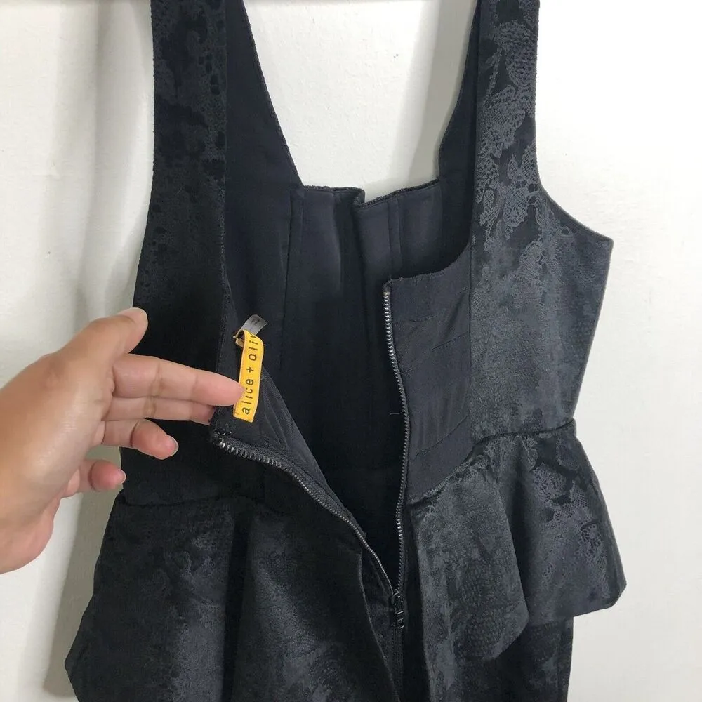NEW Alice + Olivia Yodi Square Neck Brocade Black Peplum Dress Women's Size 8 - Image 8