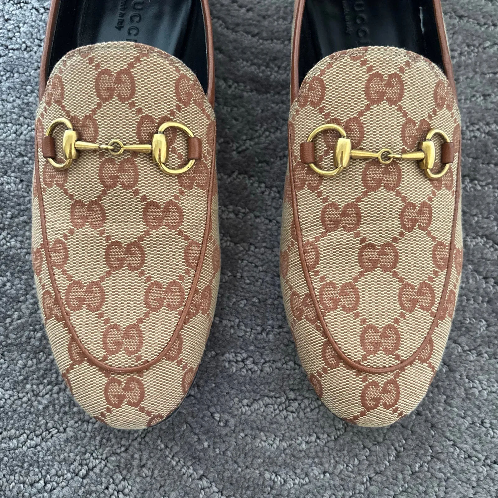 Gucci Jordaan GG Monogram Canvas Horsebit Loafers Beige Brown Flats Size EU 36.5 - Image 4