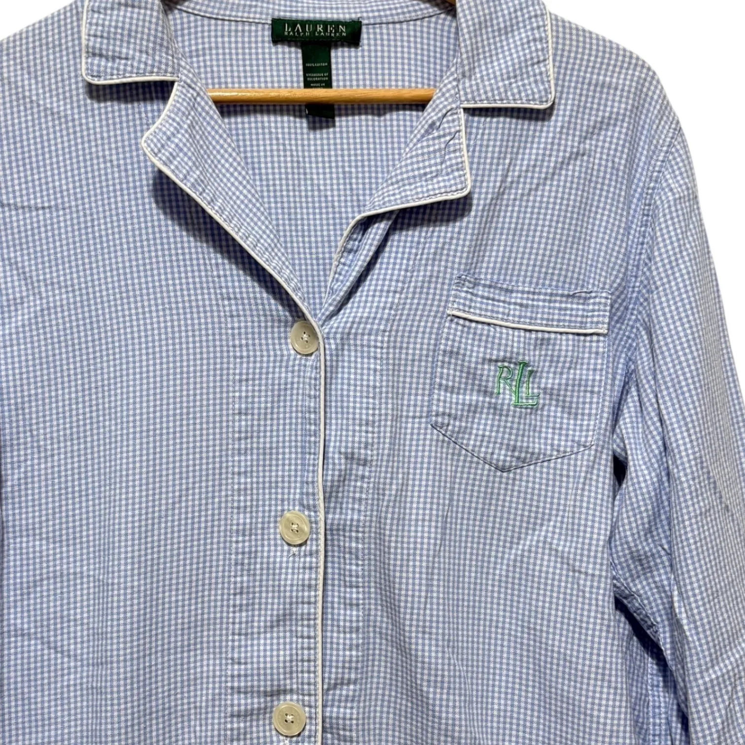 Lauren Ralph Lauren Women Pajama Top XL Blue Gingham Cotton Comfy Sleepwear Logo - Image 3