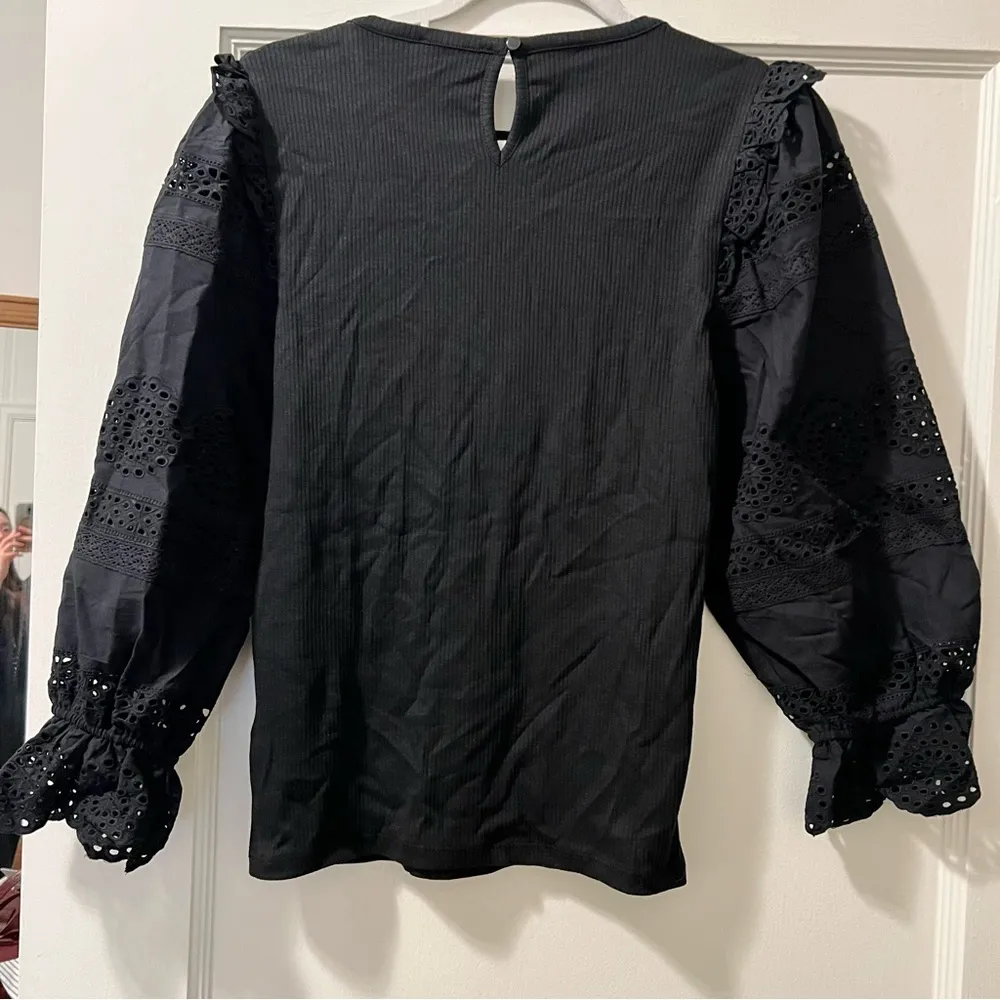 J. Crew Ruffle-trim eyelet top in vintage rib in black size medium NWT - Image 7