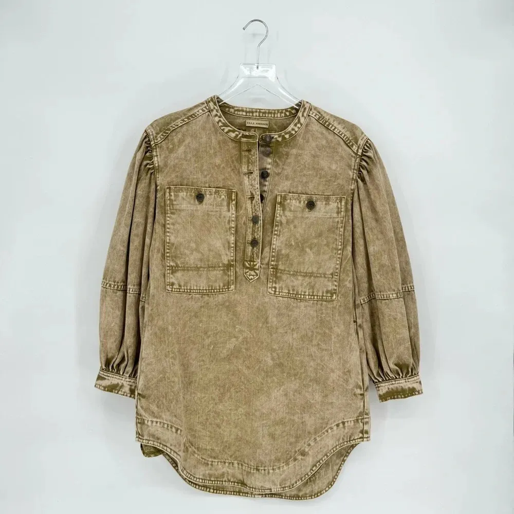 Ulla Johnson Wesley Cotton Denim Tunic Mini Dress 0 Oasis Khaki Balloon Sleeve - Image 6