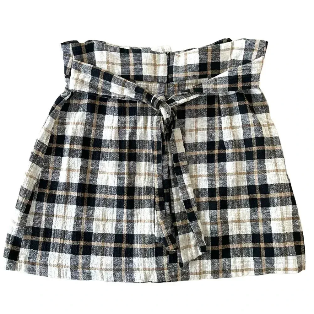 Zara Plaid Mini Skirt Wrap With Tie Black Tan - Image 5