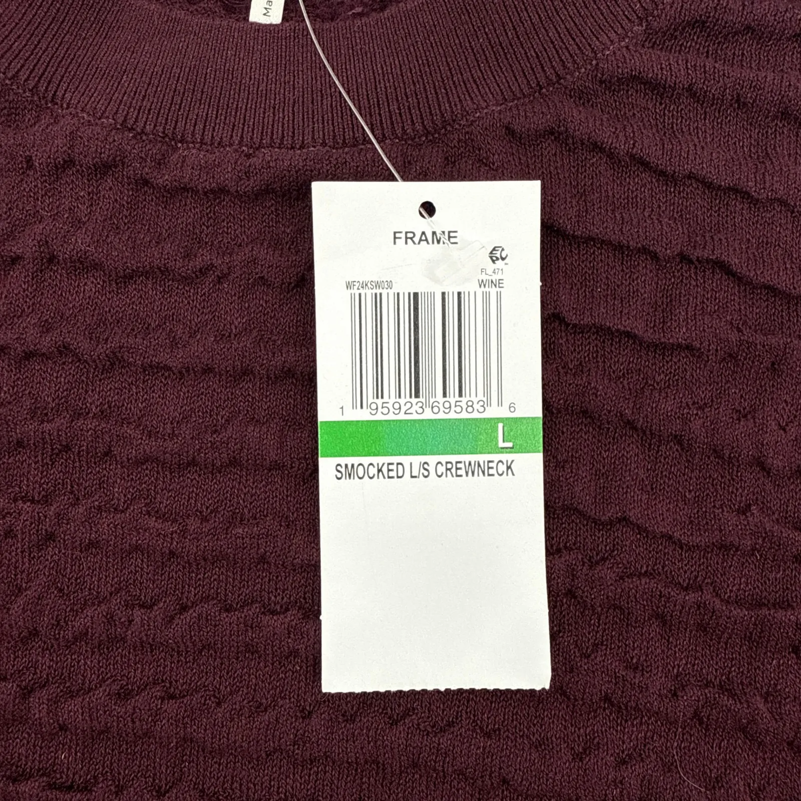 NEW NWT FRAME Womens Smocked Silk-Cotton Long Sleeve Crewneck Top Large Wine‎ - Image 7