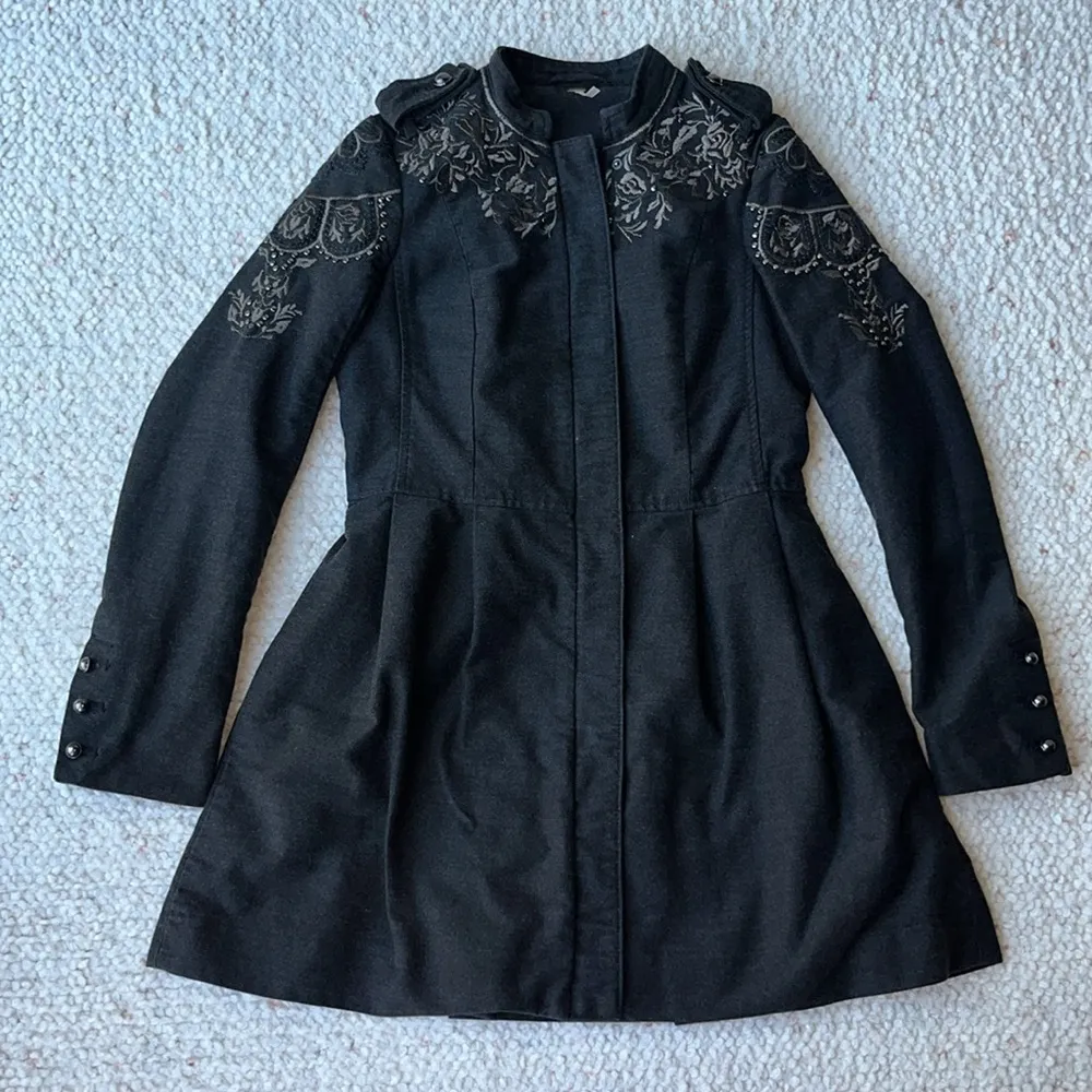 Free People Sargeant Floral Embroidered Embellished‎ Military Coat Black 2 - Image 4