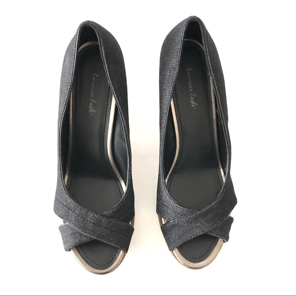 American Eagle Wedges Denim Blue Brown Heels 10 - Image 4